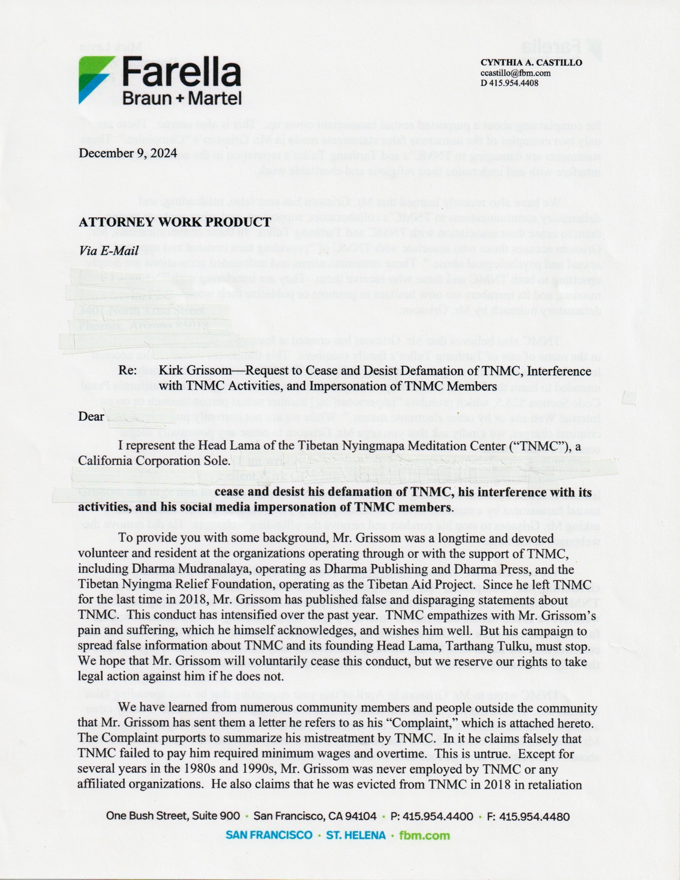 December 9, 2024 attorney letter, page 1